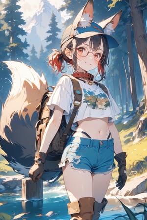 //quality, masterpiece:1.4, detailed:1.4, ,best quality:1.4, //, 1girl,solo,Tekeli,//,black fox ears,animal ear fluff,black fox tail,black hair,red inner hair,(short ponytail),sidelocks,red eyes, navel,//,fashion,(adventure costume),red_glasses,adventure hat,cat_collar,(camouflage),short_sleeves,fox patterns,blue mini shorts, gloves, boots,adventure rucksack,//,blush, smile,looking_at_viewer,//,outdoors,forest,water,close_up,scenery