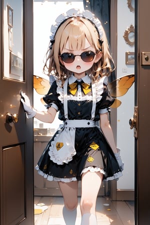 //quality, masterpiece:1.4, detailed:1.4, best quality:1.4,//,1girl,solo,loli,//,(yellow hair),(long hair),blunt bangs,//,(bee_wings), (sunglasses),(spades_symbols),bow,maid headband, white maid_costume, white gloves,//,blush,mouth_open,angry,//, walking,opening door,hand_raised,//,indoors,bees,room,cowboy_shot,Deformed,agtsg,straight-on , sunglasses,Details,Detailed Masterpiece