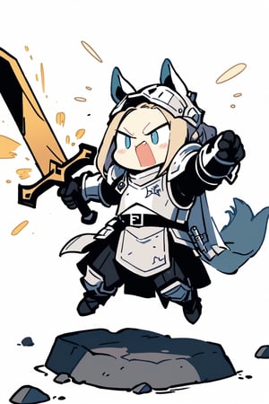 //quality, masterpiece:1.4, detailed:1.4, ,best quality:1.4,//,1girl,(doodle style),knight,//,blonde_hair:1.3, long hair,(single braid),horse_ears,forehead,horse_tail, blue eyes,//,detailed white armor,white cloak,gauntlets,leather_belt,//,angry, mouth_open,//,holding sword, battle stance,raised arms, jumping onto rocks,//, simple_background,white background,doodleredm,cute knight,