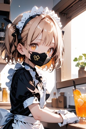 //quality, masterpiece:1.4, detailed:1.4, best quality:1.4,//,1girl,solo,loli,//,yellow hair,two_side_up,short_hair,drill_hair, detailed eyes,yellow eyes,//,bee_wings,((black face masked)),bow,maid headband,white maid_costume with clover_symbols,black clover symbols,(white gloves),//,((speech_balloon)),(musical_note),(spoken_musical_note),//,from_side,drinks,indoors, kitchen,Deformed,Details,Detailed Masterpiece