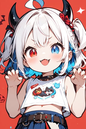 Σ(*ﾟдﾟﾉ)ﾉ The TensorArt-chan//,quality, masterpiece:1.4, detailed:1.4, best quality:1.4,//,1girl,solo,loli,cute,//,(short twintails),two side up,(white hair),(blue inner hair),ahoge,(devil horns),hair_accessories,beautiful detailed eyes,glowing eyes,(blue eye),red eye,((heterochromia)),navel,//,fashion,white crop top,white shirt,sleeveless_shirt,gloves,belt,blue skirt,//,evil smile,naughty_face,blush,smirk,frowning,cute_fangs,(tongue out),looking at viewer,looking down,//,(hands_up),(claw pose),paw pose, straight-on,//,red_background,simple_background,close up portrait,upper_body,stickers,outline ,Deformed,sticker,chibi,chibi style,((Chibi character)),top wear with title text read as "TENSORART"