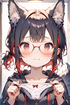 //quality, masterpiece:1.4, detailed:1.4, ,best quality:1.4, //, 1girl, cute,solo,Tekeli,//,black fox ears,animal ear fluff,black fox tail,black hair,red inner hair,short ponytail,sidelocks,red eyes,collarbones,small_chest,//,red_glasses,cross_necklace, black hoodie,hood_down,//,(blushing),blush,sweat_drop,stripes of blushing,flushed,wavy_mouth, embarrassed, surprised,looking_at_viewer,//, (spoken_ellipsis) ,close-up portrait,upper_body,(holding white lace-trimmed panties),presenting panties,panties focus,(straight-on),//,indoor, detailed room background,(holding panties)