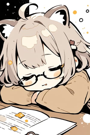 ///quality, masterpiece:1.4, detailed:1.4,best quality:1.4,//,1girl,solo,//,raccoon girl,gray raccoon ears,gray raccoon tail,gray hair, messy hair,ahoge, medium hair, closed_eyes,//,hair_accessories,accessories,(glasses),(brown coat),//,blush,(sleeping),(sleepy smokey eyes),head tilt,bags_under_eyes,eye_circles,(bags under eyes),(closed eyes), mouth_open,drooling,((dark circles around eyes)),((bags_under_eyes)),//,from above,head resting on table,lying on table,coffee stain on paper,spilled coffee cup on table,//,zz,((zzz)),bubbles,table,((Chibi character)),cute comic,doodle,doodleredm,