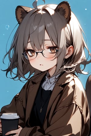 //quality, masterpiece:1.4, detailed:1.4,best quality:1.4,//,1girl,cute,solo,//,raccoon girl,(gray raccoon ears),(gray raccoon tail),gray hair, messy hair,ahoge, medium hair, brown eyes,//,hair_accessories,accessories,(glasses),(brown coat),black office skirt, white shirt,//,blush,(sleepy),( sleepy smokey eyes),,bags_under_eyes,eye_circles,(bags under eyes),half-closed eyes, parted lips,,drooling,((dark circles around eyes)),((bags_under_eyes)), looking away,//,sitting,holding coffee,//, bubbles,table,chair, blue background, simple_background ,flat style,