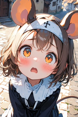 //quality, masterpiece:1.4, detailed:1.4,best quality:1.4,//,1girl,(solo),cute,loli,//, brown mouse_ears,mouse_tail,animal ear fluff, medium hair, brown hair,beautiful detailed eyes,orange eyes,//,(black nun costume),long sleeves,//,blush,looking up.suprised,scared,shocked//,under shadow,medieval town,outdoors,dal-6 style,