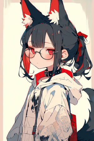 //quality, (masterpiece:1.331), (detailed), ((,best quality,)),//, comic,/,1girl,solo,cute,loli,//,(black fox ears:1.331),animal ear fluff,hairstyle, (black hair:1.21),(red hair1.1),(colored inner hair:1.331),(short ponytail:1.1),sidelocks, ((red spiral eyes:1.3)),(bags_under_eyes:1.4),(glasses:1.3),(,flat_breasts,),fashion,hood,cat_collar,//, sleepy,//,looking_at_camera,upper_body,(straight-on:1.331),//,emo,cute knight