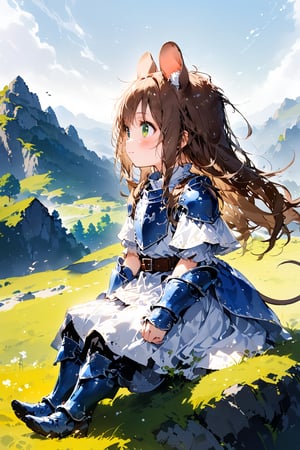 //quality, masterpiece:1.4, detailed:1.4,best quality:1.4,//,1girl,solo,loli,mouse girl,knight,//,brown mouse ears, animal ear fluff, brown mouse tail,(brown hair),long hair, messy hair,beautiful detailed eyes, (green eyes),//,(white armor), blue armor dress,leather belt,gauntlets,thigh,//,blush,light smile,looking up,looking away,full body shot,profile,//,sitting on grass,on mountain,//,medieval,from side,nature,ink,ink smoke,ink smoke background