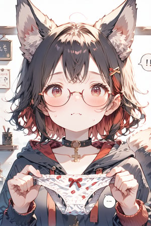 //quality, masterpiece:1.4, detailed:1.4, ,best quality:1.4, //, 1girl, cute,solo,Tekeli,//,black fox ears,animal ear fluff,black fox tail,black hair,red inner hair,short ponytail,sidelocks,red eyes,collarbones,small_chest,//,red_glasses,cross_necklace, black hoodie,hood_down,//,(blushing),blush,sweat_drop,stripes of blushing,flushed,wavy_mouth, embarrassed, surprised,looking_at_viewer,//, (spoken_ellipsis) ,close-up portrait,upper_body,(holding white lace-trimmed panties),presenting panties,panties focus,(straight-on),//,indoor, detailed room background,(holding panties)