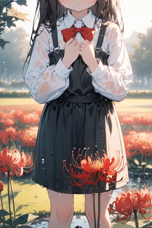 //quality, masterpiece:1.4, detailed:1.4,best quality:1.4,//,1girl,solo,(loli),//, black_hair,long hair,straight_hair,//,(black suspender dress),(white shirt),red bow,long_sleeves,black shoes,(wet),wet hair,wet clothes,//,closed_mouth,head_out_of_frame,//,standing,hand_down,//,daybreak,blurry_background,spider_lily_(flower),(garden),close_up to mouth,pov flowers,straight-on