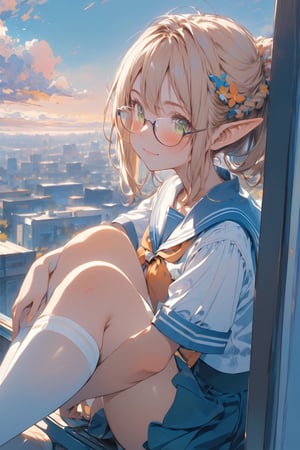 //quality, masterpiece:1.4,detailed:1.4,best quality:1.4, //,1girl, solo,//,elf,elf_ears,(dark skin),blonde_hair,straight_hair,french_braid,sidelocks,light green eyes,detailed eyes,(large chest),//,(glasses),hair_accessories,sailor_collar,white school uniform,(white stockings),//,light smile,closed_mouth,blush,//,sitting on window,hugging own legs,feet up,knee_up,,//,school,(sunset),backlighting,aesthetic,Colorful art,Vivid Colors,outdoors, building, cityscape,scenery