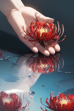//quality, masterpiece:1.4, detailed:1.4,best quality:1.4,//,pov hand holding flowers, spider_lily_(flower),puddle,reflection
