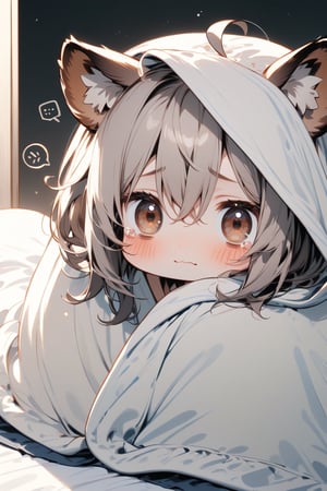 //quality, masterpiece:1.4, detailed:1.4,best quality:1.4,//,1girl,solo,//,raccoon girl,gray raccoon ears, animal ear fluff,gray hair, messy hair,ahoge, medium hair, brown eyes,detailed eyes,//,hair_accessories,accessories,pajamas,(wrapped blanket), white blanket,(head covering blanket),//,> <,blush,hold back one's tears, wavy_mouth, closed_mouth,bags_under_eyes,(bags under eyes),//,sitting on bed, (hiding under blanket),//,indoor,dark background, bedroom, white blanket,comfyblanket,chibi,aquacrying, wavy mouth, closed mouth,tearing up,(((spoken words with Text "OK...")))