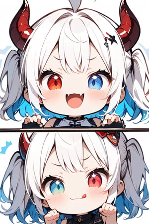 Σ(*ﾟдﾟﾉ)ﾉ The TensorArt-chan//,quality, masterpiece:1.4, detailed:1.4, best quality:1.4,//,1girl,solo,loli,cute,//,(short twintails),two side up,(white hair),(blue inner hair),ahoge,(devil horns),hair_accessories,beautiful detailed eyes,glowing eyes,(blue eye),red eye,((heterochromia)),navel,//,fashion,white crop top,white shirt,sleeveless_shirt,gloves,belt,blue skirt,//,evil smile,naughty_face,blush,smirk,frowning,cute_fangs,(tongue out),looking at viewer,looking down,//,(hands_up),(claw pose),paw pose, straight-on,//,red_background,simple_background,close up portrait,upper_body,stickers,outline ,Deformed,sticker,chibi,chibi style,((Chibi character)),top wear with title text read as "TENSORART"