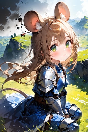 //quality, masterpiece:1.4, detailed:1.4,best quality:1.4,//,1girl,solo,loli,mouse girl,knight,//,brown mouse ears, animal ear fluff, brown mouse tail,(brown hair),long hair, messy hair,beautiful detailed eyes, (green eyes),//,(white armor), blue armor dress,leather belt,gauntlets,thigh,//,blush,light smile,looking up,//,sitting on grass,on mountain,//,medieval,from side,nature,ink,ink smoke,ink smoke background