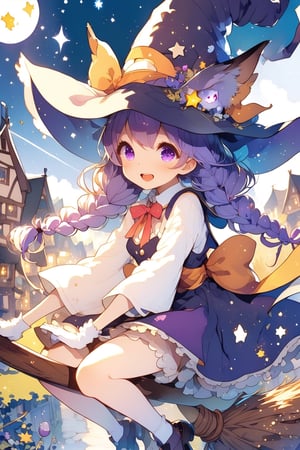 //quality, (masterpiece:1.3), (detailed), ((,best quality,)),//,illustration,//,(1girl:1.3),solo,loli,(wizard:1.3),//,(purple hair:1.3),(twin braids:1.3), detailed eyes, purple eyes,(,glowing_eyes,sparkling_eyes:1.3),tiny_breasts,//,wizard costume, ribbon,brooch,white gloves,stockings,//,blush,smile,mouth_open,teeth,//(,riding on magic broom:1.4),//,(night:1.3),moonlight,stars,star_(symbol),firefly,town scenery,flowers,violet,,wind_effect,magic_broom,watercolor \(medium\)