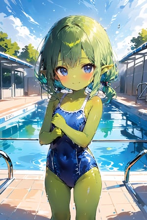 //quality, masterpiece:1.4, detailed:1.4,best quality:1.4,//,1girl,solo,loli,//,goblin,pointed_ears,(((green skin))),1girl,solo,sidelocks,green hair, medium_hair, straight_hair, blue_eyes,collarbone,//,(wet),wet_hair,school_swimsuits,//,waving,smile,//,blue sky,(school swimming_pool),Colorful art,Vivid Colors,ink paint,