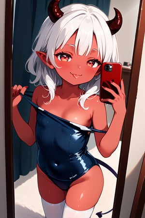 //quality, masterpiece:1.4, detailed:1.4,best quality:1.4,//,1girl,loli,solo,//,demon girl,((red colored skin)),(red skin),devil horns,(devil tail), white hair, medium hair, sidelocks, light red eyes, beautiful detailed eyes, half closed eyes,collarbone,covered_navel,//,hair_accessories, candies accessories,school swimsuit,(white thighhighs),//,evil, evil smile,tongue_out,closed_mouth, naughty face,//,(one-piece swimsuit pull),swimsuit pull,holding mobile phone,selfie,mirror,dynamic pose,//,indoors,room,Deformed,one-piece swimsuit pull,score_7_up,score_9,source_anime