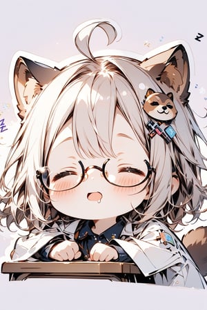 //quality, masterpiece:1.4, detailed:1.4,best quality:1.4,//,1girl,solo,//,raccoon girl,gray raccoon ears,gray raccoon tail,gray hair, messy hair,ahoge, medium hair, closed_eyes,//,hair_accessories,accessories,(round glasses),scientist,white lab coat,//,blush,bags_under_eyes,mouth_open,drooling,//,lying on desk,sleeping on desk, sitting on chair,(zzz),zzz,//, close-up portrait,face focus,simple_background,purple_background,desk, chair, Deformed,((Chibi character)),sticker, outline 