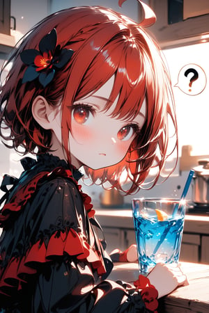 //quality, masterpiece:1.4, detailed:1.4, best quality:1.4,//,1girl,solo,//,red hair,short hair,ahoge,sidelocks,beautiful detailed eyes,glowing eyes,red eyes,//,hair_flowers,(bee_wings),black gothic_lolita,//,blush,expressionless,speech_balloon,looking_at_viewer,(spoken_question_mark),?,??,//,(standing),drinking water,glass of water,//,indoors, kitchen,Details,Detailed Masterpiece,Deformed, close_up,cowboy_shot,(from side),