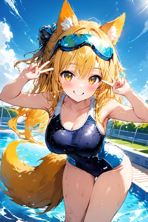 //quality, masterpiece:1.4,detailed:1.4,best quality:1.4, //,1girl, solo,//, yellow dog ears, animal ear fluff, yellow dog tail, hairstyle, yellow hair, long hair, wavy hair, bangs, yellow eyes, detailed eyes,(large chests),armpits,collarbone,//,goggle_on_head, school_swimsuit, sukimizu,wet, wet hair, sleeveless, covered_navel,//,blush, smile, grinning, //,hand_raised,leaning_forward,v,v over eyes,cowboy_shot,//,blue sky,swimming_pool,competitive swimsuit,Colorful art,Vivid Colors,ink paint