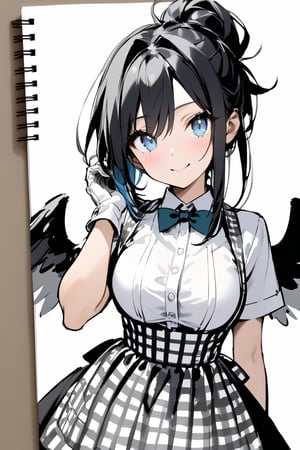 //quality, masterpiece:1.4, detailed:1.4, ,best quality:1.4,//,1girl,solo, waitress,//,black_hair,hair intakes,short hair with long locks,blue inner hair, detailed eyes, glowing eyes, darkblue eyes,(large chest),(black wings),big wings,feather_wings, detailed wings,//, bow, bowtie, white shirt, short sleeves, apron, gingham apron, employee uniform, high-waist skirt,white gloves,//,blush, smile,looking_at_viewer,head_tilt,wince,winking,;),//,hands_raised,adjusting_hair,close-up portrait,//,paper drawing,Sketch book,(Sketch),rough stretch,(Gray scale),(Monochrome),Pencil sketch,flat style,