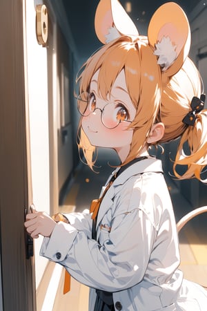 //quality, masterpiece:1.4, detailed:1.4,best quality:1.4,//,1girl,solo,loli,//,mouse_ears,mouse_tail, animal ear fluff,orange_hair,short ponytail,sidelocks,orange_eyes,detailed eyes,//,hair_accessories,ribbons,round glasses,white lab coat,sweater,pleated skirt,//,blush,smile,closed_mouth,looking away,//,close up portrait,(knocking door),raised fist,//,indoor, from_side,closed_door, hallway