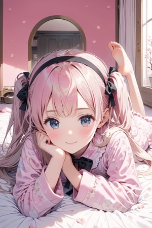 //quality, masterpiece:1.4, detailed:1.4,best quality:1.4,//,1girl,solo,//,Pale pink_hair:1.4,long_hair,(long twintails),thick bangs,(Black bow headband),detailed eyes,light_blue_eyes,//,pink Sakura_pajama:1.4,long_sleeves,//,:),light smile,blush,closed_mouth,looking at viewer,//,lying on bed,(on stomach),head resting on hands,(feet together legs apart),feet overlapping,//, indoor, bedroom, detailed room,pink theme 
