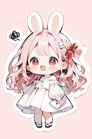 //quality, masterpiece:1.4, detailed:1.4, best quality:1.4,//,1girl,solo,cute,rabbit_girl,//,(white rabbit_ears),(pink hair,) long hair,wavy_hair,red_eyes,medium_chests,//,hair_ribbons,off_shoulder,(white fashion dress),//,sweat_drops,blush, frowning,@_@,(spiral_eyes),wavy_mouth,mouth_open,(spoken_squiggle),//,hands over head,//,pink_background,simple_background,close up portrait,stickers,outline ,Deformed,sticker,chibi, chibi style,