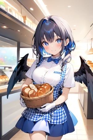 //quality, masterpiece:1.4, detailed:1.4, ,best quality:1.4,//,1girl, waitress,//,black_hair,hair intakes,short hair with long locks,blue inner hair, detailed eyes, glowing eyes, darkblue eyes,large chest,(black wings),feather_wings, detailed wings,//, high-waist skirt, employee uniform, gingham apron, blue apron, blue skirt, short sleeves, white shirt, blue bowtie,blue bow,white gloves,//,blush, smile,//, walking,holding basket of bread, cowboy_shot,//,vibrant colors,ink paint,Colorful art,KRU, indoors,(bread shop),