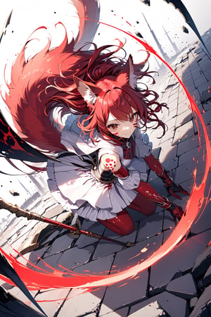 
Witness the extraordinary portrayal of a fox girl with vibrant red hair, a single red fox tail swaying gracefully behind her. Adorning her head are a pair of captivating red fox ears, while her face boasts four distinct crimson tiger stripe markings, adding an aura of fierceness. Clad in battle-scarred armor, stained with blood and designed with alternating red and white patterns, she exudes a formidable presence. Her gloves and clothes are drenched in blood, signifying her involvement in intense combat. Every inch of her body is covered in the crimson liquid, amplifying the intensity of her character. With a cunning and enigmatic smile, her face bears traces of blood, and the surroundings are marked by bloodstains on the walls and floor. The scene depicts the remains of defeated monsters, evidence of her formidable prowess in battle. The backdrop showcases the aftermath of fierce encounters, with visible signs of destruction, including shattered pillars. Various weapons are embedded in the ground, portraying the diverse arsenal she possesses. Bathed in a captivating red glow, the scene is accentuated by a crimson scythe firmly lodged in the earth. She confidently sits upon the scythe's handle, suspended in mid-air, with her feet dangling. The camera angle captures the scene from above, providing a commanding and immersive perspective. This masterpiece is meticulously crafted, ensuring the highest quality and attention to detail, resulting in a captivating and awe-inspiring portrayal.

face tattoo, from above 