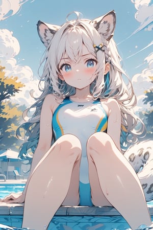 //quality, masterpiece:1.4,detailed:1.4,best quality:1.4,//,1girl,solo,//,white leopard_ears,white tail,white leopard tail,hairstyle, white hair,long_hair,single braided,braided_hair,shiny_hair,sidelocks,blue_eyes, detailed eyes, shiny_skin,//,hair_ornaments,ornaments,(white swimsuit),competition swimsuit,wet,wet_legs,//,serious,blush,looking_down,looking_at_viewer,closed_mouth,//,crossed_legs,sitting by the pool,//,swimming_pool,from_below,competitive swimsuit,Colorful art,Vivid Colors
