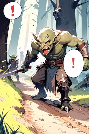 //quality, (masterpiece:1.331), (detailed), ((,best quality,)),//,multiple_boys,goblin,evil goblin,armored,(mouth_open,fangs,shocking,sweating),(looking_back:1.2),(holding weapon),(((speech_bubble,exclamation_mark,!,!!,!!!))),(forest,trees,dirt road,grass),Europe medieval, fantasy,