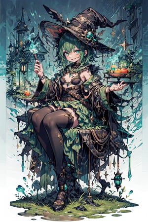 Revised prompt:
Create a high-quality portrait of a mischievous slime girl who embodies the essence of a witch. She wears a black witch hat with a green interior, and perched on top of it is a blue slime. Her hair is vibrant green, and she has applied red lipstick to her lips. Dressed in a witch's attire, she wears a dress with an open chest area, revealing a glimpse of a white bra adorned with a green ribbon. Completing her ensemble, she wears black suspenders and stockings. With a devious smile, she exudes an air of cunningness. The portrait should capture her wicked charm with attention to detail and high-quality rendering, showcasing her personality and unique features.

