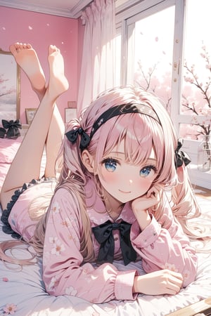//quality, masterpiece:1.4, detailed:1.4,best quality:1.4,//,1girl,solo,//,Pale pink_hair:1.4,long_hair,(long twintails),thick bangs,(Black bow headband),detailed eyes,light_blue_eyes,//,pink Sakura_pajama:1.4,long_sleeves,//,:),light smile,blush,closed_mouth,looking at viewer,//,lying on bed,(on stomach),head resting on hands,(feet together legs apart),//, indoor, bedroom, detailed room,pink theme 