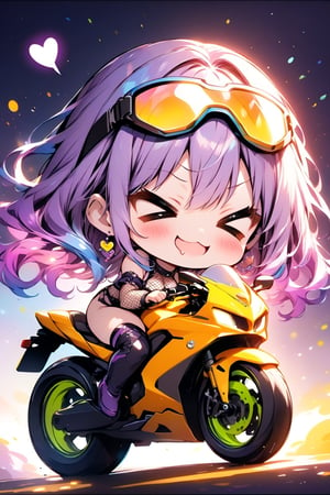 //quality, masterpiece:1.4, detailed:1.4, ,best quality:1.4, //,1girl,solo,(chibi),//, ((purple_hair)), (blue hair),(((gradient hair))), long hair, wavy hair,shoulders,large chests,//, goggle on head: 1.1, earrings,yellow jacket, leotard, detached sleeves, (fishnets), thigh boots,//, blush,smile,mouth_open, drooling, >3<,(>_<),XD face,>< Closed-Eyes Smile,//, yellow motorcycle, riding motorcycle, detailed motorcycle,(pov motorcycle),(spoken_heart),from_side, //,neon lights glow in the dark,night,blurry_background,backlighting,vibrant colors,Colorful art,ink paint,((Chibi character))