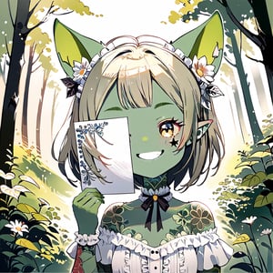 //quality, (masterpiece:1.4), (detailed), ((,best quality,)),//1girl,//,(goblin_ears:1.3),(green skin:1.4), medium_hair, straight_hair,//, lolita,//, smile,//,holding paper,//, forest,leaf, flowers, body tattoo, face tattoo ,PaperLikeFace