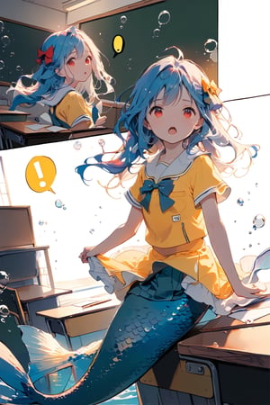 //quality, (masterpiece:1.4), (detailed), ((,best quality,)),//1girl,solo,(mermaid:1.4),(loli:1.3), child,cute,//,(blue_hair:1.3),ahoge,floating_hair, detailed_eyes,(red eyes:1.2),//,bows,frilled,(yellow kindergarten uniform:1.3), yellow dress,//,mouth_open,hold back one's tears,//,(facing_viewer, straight-on:1.4),(((speech_bubbles,exclamation_mark,!,!!))),//,(classroom:1.4),window,(wall:1.1), (blackboard:1.3),(indoors:1.3),detailed room, underwater,(fish:1.2), bubbles,close_up,(comic,multiple_views :1.4),dark background