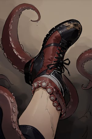 //quality, (masterpiece:1.331), (detailed), ((,best quality,)),//,(pov shoes:1.3),(shoes),(macro photo of ankle caught by horror tentacles: 1.4),dirty ground