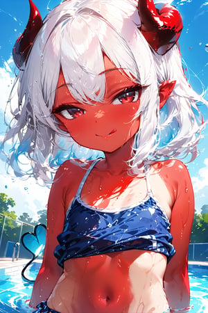 ,//quality, masterpiece:1.4, detailed:1.4,best quality:1.4,//,1girl,loli,solo,//,demon girl,((red colored skin)),(red skin),devil horns,(devil tail), white hair, medium hair, sidelocks, light red eyes, beautiful detailed eyes, half closed eyes,collarbone,covered_navel,(wet),wet_hair,//,hair_accessories,candies accessories,school swimsuit,//,evil smile,tongue_out,naughty face,//,close-up portrait, hand_raised,pulled_by_self,(adjusting_swimsuit),((swimsuit pull)),//,blue sky,swimming_pool,Colorful art,Vivid Colors,ink paint,