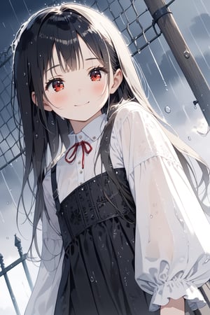 //quality, masterpiece:1.4, detailed:1.4,best quality:1.4,//(heavy raining), cloudy,fog,fence,(garden),//,1girl,solo,(loli),(straight-on),//, black_hair,long hair, straight_hair,sidelocks,red_eyes, detailed_eyes, glowing_eyes,//,(black dress), white shirt,long_sleeves,(white sleeves),(wet),wet hair,wet clothes,//,closed_mouth,smile, blush,night_face,glommy face,looking_at_viewer,looking_down,//, standing,//,horror, cowboy_shot,close_up,(from_below),Deformed