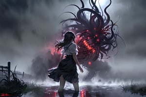 //quality, masterpiece:1.4, detailed:1.4,best quality:1.4,//heavy raining,night, cloudy,fog, spider_lily_(flower),garden,puddle,fence, reflection, horizon,//,red glowing lights particles,eyes behind fog, cthulhu, abomination,red glowing eyes, tentacles,smoke on the water,wide_shot, scenery, horror, nightmare , 1girl, loli, from behind,long hair, black hair, black dress, white shirt, wet