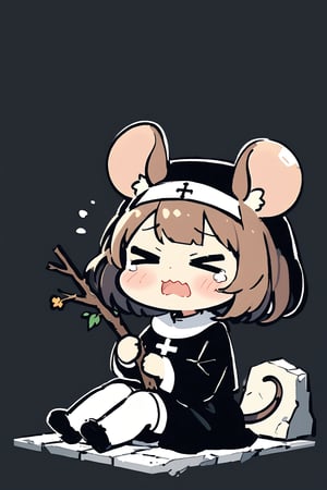 //quality, masterpiece:1.4, detailed:1.4,best quality:1.4,//,1girl,(solo),loli,//, brown mouse_ears,mouse_tail,animal ear fluff, medium hair,bangs, brown hair, closed_eyes,//,(black nun costume),white stockings, shoes,//,> <,>_<,><, blush, scared,fear,sweating,tearing_up,wavy_mouth,,//, holding branches,hand raised, sitting, against_the_wall,//, simple background,black background,stone floor,destruction, destroyed buildings, fire,no humans background, full_body,wide_shot,doodle,doodleredm,cute,dal-6 style,from_side