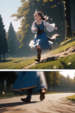 //quality, (masterpiece:1.331), (detailed), ((,best quality,)),//,(forest,trees,shadowy trees,dirt,grass),(motion_blur:1.3),wind effect,(comic:1.1),(marco photo close_up to running foots:1.4), (medieval leather shoes),1girl,(solo),blue long dress),(horse_ears),(horse_tail:1.3),Europe medieval, fantasy,(running:1.1),long black hair