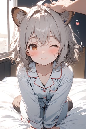 //quality, masterpiece:1.4, detailed:1.4,best quality:1.4,//,1girl,solo,//,raccoon girl,gray raccoon ears,gray raccoon tail, animal ear fluff,gray hair, messy hair,ahoge, medium hair, brown eyes,detailed eyes,//,hair_accessories,accessories,pajamas,//,blushing, smile,closed_mouth,one_eye_closed,//,on bed,(spoken heart),(heart),<3,heart_(symbols),//,indoor,dark background, bedroom,face focus,headpat, pov hands,pov,pov girl hand, pov hand with white sleeves 