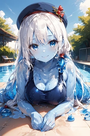 score_9,score_8_up,score_7_up,source_anime,BREAK,//quality, masterpiece:1.4,detailed:1.4,best quality:1.4, //,solo,young,1girl,(slime girl),//,(white hair),liquid hair,slime hair,blue gradient hair,long hair,(low-tied long hair),detailed eyes,light blue eyes,((((blue colored skin)))),(largebreasts),(wet),wet_hair,slime body,slimy,liquid body,//,blue beret,candies accessories,school swimsuit,//, straight-on, lying down on slime, ((lying down on stomach)), pov slime, upper_body,//, close-up portrait,closed_mouth,light smile,:3,//,slimes,blue sky,swimming_pool,Colorful art,Vivid Colors,ink paint,Slime,slime skin,wizardslimus,Translucent body 