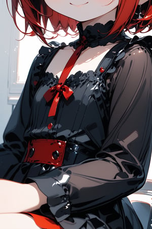 //quality, masterpiece:1.4, detailed:1.4, best quality:1.4,//,1girl,solo,//,red hair short hair,//,bee wings,black gothic_lolita,sitting,chair,//,(super close_up shot of waist and head_out of frame),flat_chest,room,blurry_backgroun,Details,Detailed Masterpiece,Deformed,smile