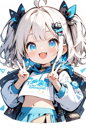 ✧*｡٩(ˊᗜˋ*)و✧*｡The TensorArt-chan//,quality, masterpiece:1.4, detailed:1.4, best quality:1.4,//,1girl,solo,loli,cute,//,(short twintails),two side up,white hair,blue inner hair,ahoge,hair accessories,small chests,blue eyes,beautiful detailed eyes,glowing eyes,navel,//fashion,crop top,white top wear with logos,long sleeves,blue skirt,//,blush,smile,cute_fangs,looking at viewer, straight-on,hands_up,v,v-sign,,//,blue_background,simple_background,close up portrait,upper_body,stickers,outline ,Deformed,sticker,chibi,chibi style,((Chibi character)),top wear with title text read as "TENSORART"