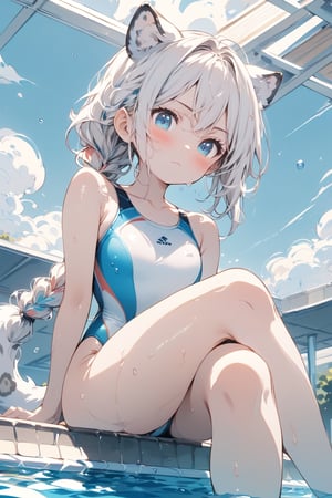 //quality, masterpiece:1.4,detailed:1.4,best quality:1.4,//,1girl,solo,//,white leopard_ears,white tail,white leopard tail,hairstyle, white hair,long_hair,single braided,braided_hair,shiny_hair,sidelocks,blue_eyes, detailed eyes, shiny_skin,//,hair_ornaments,ornaments,white swimsuit,competition swimsuit,wet,wet_legs,//,serious,blush,looking_down,looking_at_viewer,closed_mouth,//,crossed_legs,sitting by the pool,//,swimming_pool,from_below,competitive swimsuit,Colorful art,Vivid Colors