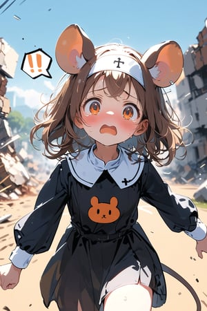 //quality, masterpiece:1.4, detailed:1.4,best quality:1.4,//,1girl,solo,loli,//, brown mouse_ears,mouse_tail,animal ear fluff, medium hair, brown hair, (orange eyes),//,(black nun costume),long sleeves,//,blush, sweat_drop,sweaty,worried, tearing up,fists,(running),straight-on,!,!!,(spoken exclamation_mark),//,close-up,cowboy_shot,destruction,(blurry background),dal-6 style, blue sky