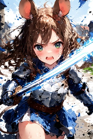 //quality, masterpiece:1.4, detailed:1.4,best quality:1.4,//,1girl,solo,mouse girl,knight,//,brown mouse ears, animal ear fluff, brown mouse tail,brown hair,long hair, messy hair, green eyes,//,white armor, cracked armor, broken armor,leather belt,gauntlets,thigh,//,dirty face, injured,wounded face,sweaty,angry,blush,serious,mouth open, screaming,//,((hands holding sword)),magic sword,light particles,(glowing sword),blue glowing sword,arm up,battle,(((girl running))),//,motion blur,blurry background,motion line,motion effect,close-up,upper body,blue sky,smoke surrounding the girl,smoke background, medieval town, simple background,flying debris,ink,smoke,blue ink smoke,ink smoke background,ink paint,